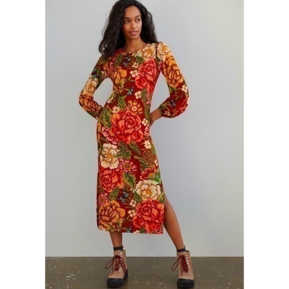 Anthropologie Farm Rio Jessa Floral Cross Stitch Printed Stretch Midi Maxi Dress